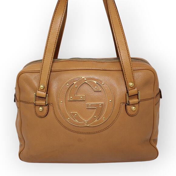 Gucci Blondie Shoulder Bag Caramel Leather InterlockingGGLogo Studded 121544 - Picture 1 of 16